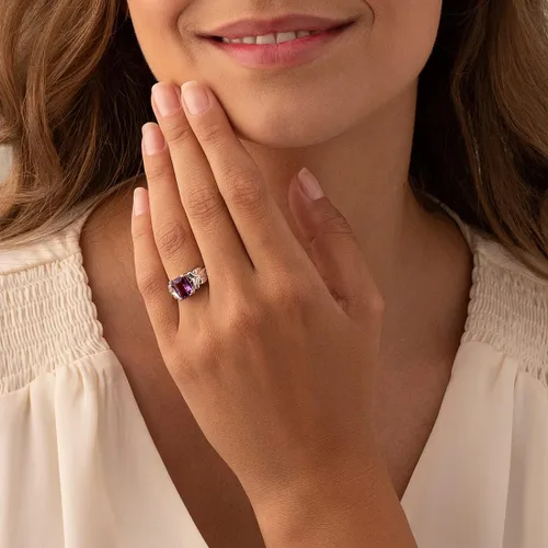 Vista 2 de Peora Anillo de amatista para mujer, plata de ley 925, solitario entrecruzado de diseñador, piedra natal de piedras preciosas naturales, corte