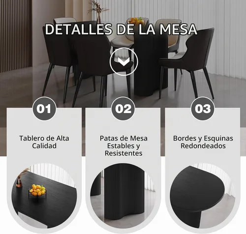 Vista 6 de Mesa de comedor negra de 63 pulgadas, una mesa rectangular de extremo redondeado con patas de diseño ondulado para cocina, comedor, oficina en casa