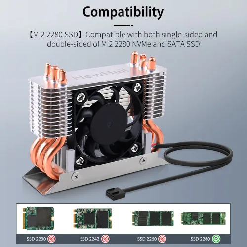 Vista 2 de Disipador de calor SSD M.2 2280 de 12 V con ventilador de enfriamiento PWM de 1.575 in, tubos de calor de cobre y almohadilla térmica, enfriador SSD