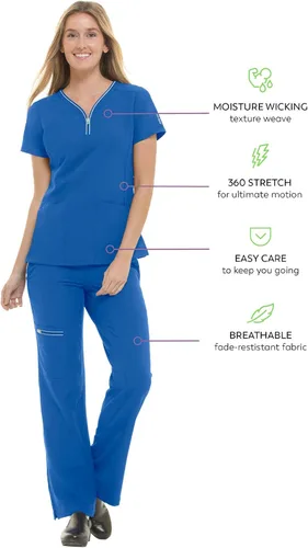 Vista 5 de Healing Hands Camiseta quirúrgica para mujer, 3 bolsillos, cremallera, cuello en Y, ligera, transpirable, tela elástica 2254 Sonia HH360