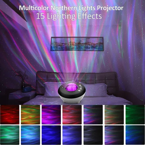 Vista 2 de Proyector de luz de galaxia del norte, proyector Star Aurora con ruidos blancos, control remoto y temporizador, altavoz Bluetooth, proyector