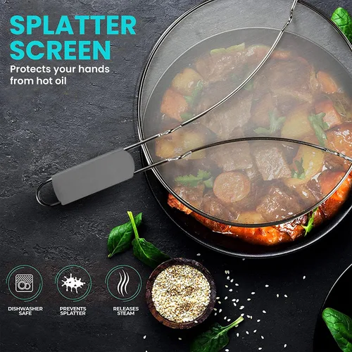 Vista 2 de Pantalla contra salpicaduras de grasa de 13 pulgadas para cocinar, protector de salpicaduras de aceite de acero inoxidable y malla ultrafina que Gris