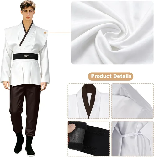 Vista 3 de Disfraz de túnica con capucha para hombre, uniforme completo, disfraz de Halloween, cosplay, capa para adultos Blanco