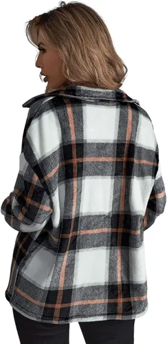 Vista 2 de SOLY HUX Chaqueta de franela a cuadros para mujer, manga larga, con botones, casual, para otoño, color negro, blanco, talla S, Tela a cuadros