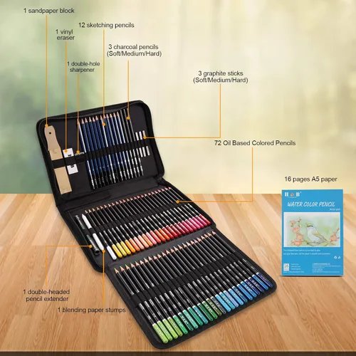 Vista 2 de YBLANDEG Juego de lápices de colores para dibujar y dibujar 96 piezas, suministros de arte, pintura de grafito, kit de lápices de arte profesional