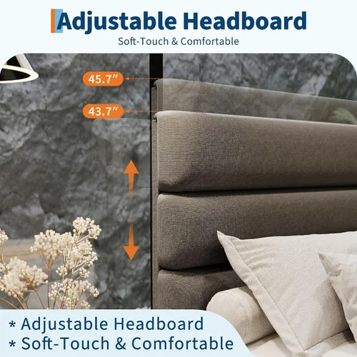 Vista 3 de Garvee Base de cama de plataforma Queen con cabecera ajustable, tapizado de tela y soporte de listones de madera, base de colchón resistente,