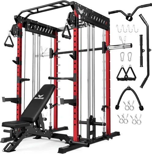 Vista 19 de JELENS M21 - Máquina Smith, jaula de potencia multifunción con sistema de cruce de cable de polea doble, banco de sentadillas todo en uno de 907 kg