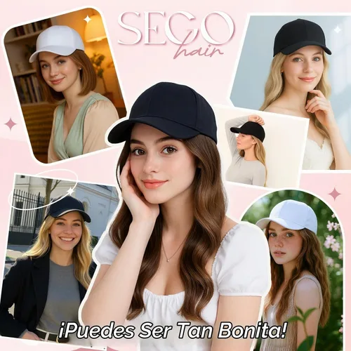 Vista 6 de SEGO - Peluca de gorra con pelo adjunto para mujer, gorra negra de béisbol con extensiones de pelo, gorra de béisbol larga y ondulada con ajuste