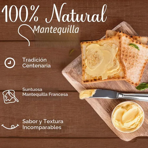 Vista 2 de Beurdell Mantequilla francesa salada real enlatada 100% natural pasteurizada, una verdadera mantequilla de Francia, ideal para preparación