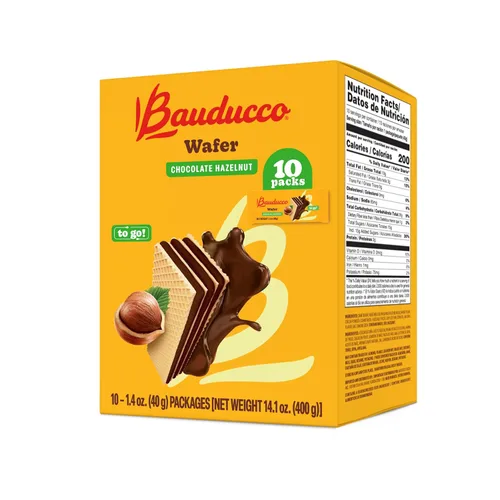 Vista 2 de Bauducco Galletas de oblea, chocolate y avellana, porción individual, 14.1 onzas (paquete de 10), obleas crujientes envueltas individualmente