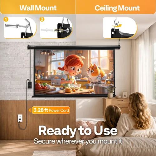 Vista 4 de VIVOHOME Pantalla de proyector motorizada 16:9 de 72 pulgadas con control remoto, pantalla de proyección eléctrica automática, pantalla de cine HD