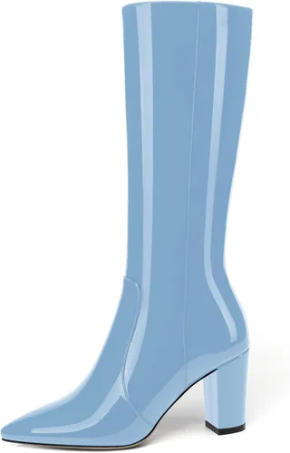 Vista 93 de AMBELIGHT Botas altas hasta la rodilla con cremallera y puntera puntiaguda para mujer, de patente sólida, tacón alto, 3.3 pulgadas