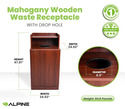 Vista 2 de Alpine Restaurant Trash Bin Cabinet - Commercial Trash Can Garbage Receptacle Indoor with Tray Holder for 32 Gallon Garbage Bin (Mahogany)