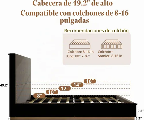 Vista 6 de Base de cama de plataforma tamaño Queen con cabecero, cama de terciopelo con listones de madera, base de colchón resistente, opción de somier, sin