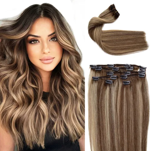 Vista 12 de Extensiones de cabello con clip Ubetta de cabello humano real, extensiones de cabello negro azabache con clip, 7 piezas, 70 g, extensiones
