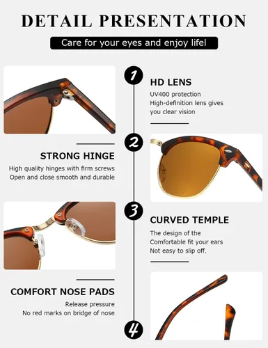 Vista 55 de AEVOGUE Gafas de sol polarizadas para mujeres y hombres semi marco retro gafas de sol AE0369