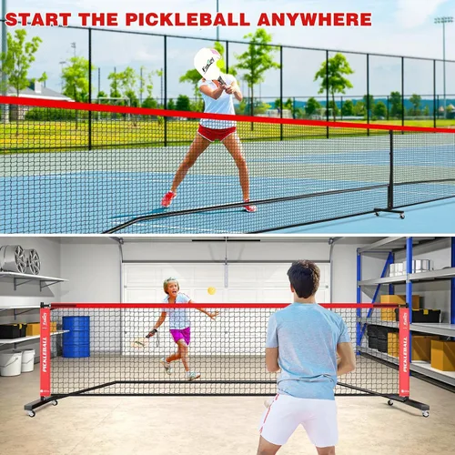 Vista 7 de Fostoy Portable Pickleball Net Set with Wheels, Regulation Size 22 FT & Half Court 11 FT, Steady Metal Frame Pickle Ball Net Set System with Carry