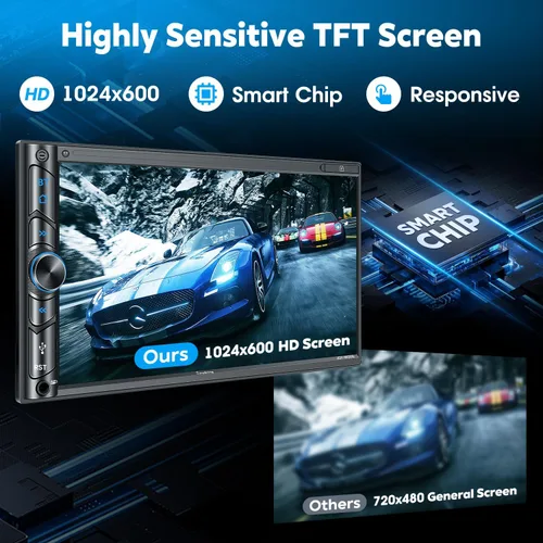 Vista 7 de Estéreo inalámbrico de doble DIN para automóvil mejorado con Carplay, Android Auto, Bluetooth, 4 canales RCA, alta potencia, 2 puertos de subwoofer