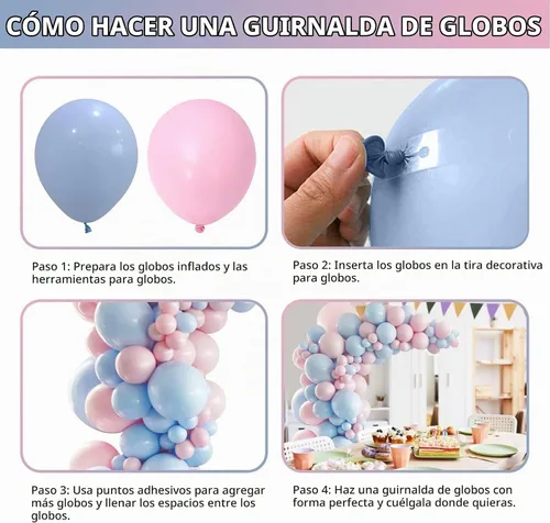 Vista 7 de Kit de arco de globos rosa y azul, kit de guirnalda de 100 globos azul claro rosa macarrón para revelación de género, globos de diferentes tamaños