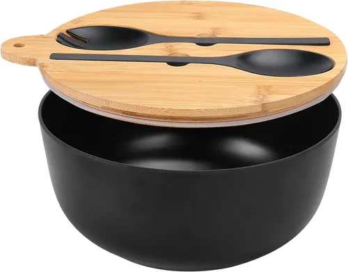 Vista 12 de ShineMe Juego de Ensaladera Negra, Ensaladera Grande de Fibra de Bambú de 9.8 pulgadas con Tapa y Utensilios (Cuchara y Tenedor), Tazón Sólido