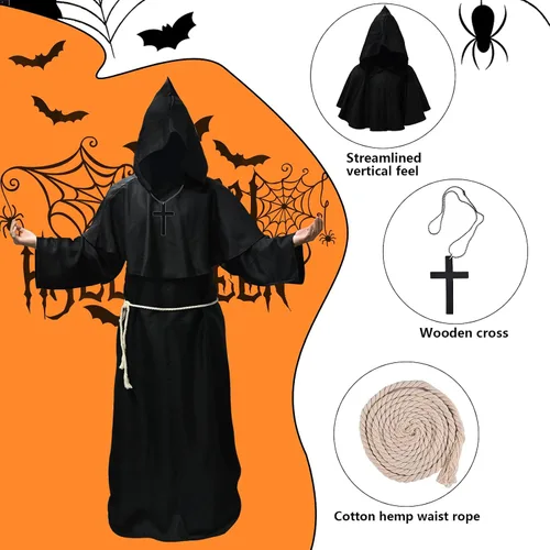 Vista 5 de GOLDGE Hooded Monk Robe and Cloak, Authentic Medieval Monk Priest Costume for Halloween and Cosplay