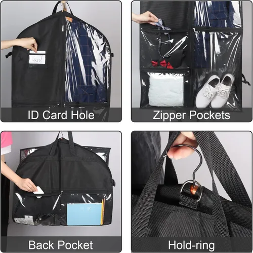 Vista 3 de Bolsas de ropa de baile negras de Zilink, bolsa de ropa de 40 pulgadas para competiciones de baile con 5 bolsillos transparentes con cremallera