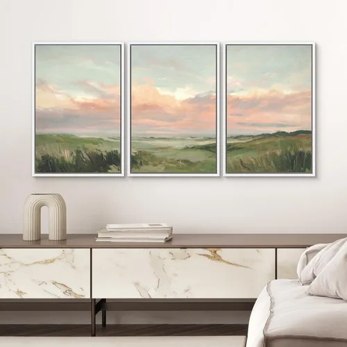 Vista 227 de SIGNWIN Lienzo enmarcado para pared, juego de arte pastel con cadena montañosa, bosque, niebla, naturaleza silvestre, ilustraciones modernas, arte