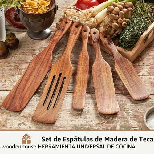 Vista 2 de Juego de 5 espátulas de madera de teca, herramientas de cocina para cocinar