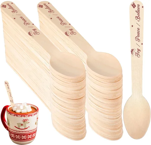 Vista 7 de Umigy 100 cucharas de madera desechables de 5.5 pulgadas, cucharas de madera desechables de Navidad con patrón de cuchara de madera para chocolate