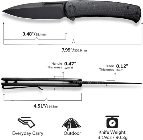 Vista 6 de CIVIVI Caetus Cuchillo de Bolsillo para Hombres, Cuchillo Flipper con Hoja de Acero 14C28N de 3.48", Mango de Micarta de Arpillera, Cuchillo