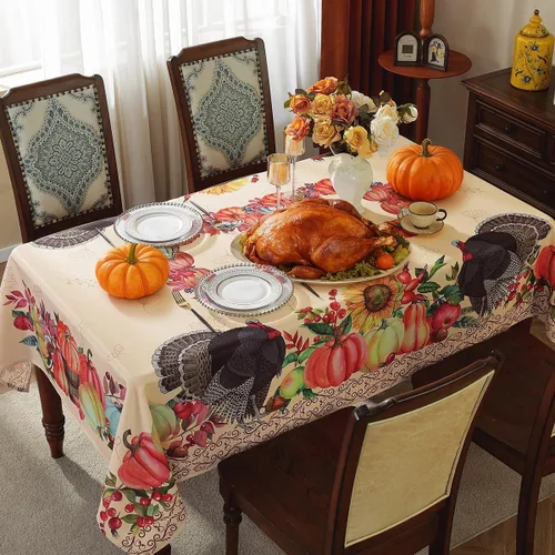Vista 2 de SASTYBALE Mantel rectangular de Acción de Gracias, mantel de otoño con pavo y calabaza, lavable, resistente a las manchas, de poliéster