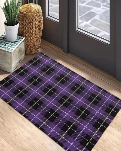 Vista 5 de Tapetes para interiores y exteriores, tapete de Halloween a cuadros morados y negros, antideslizante, absorbente, resistente a la suciedad, tapete