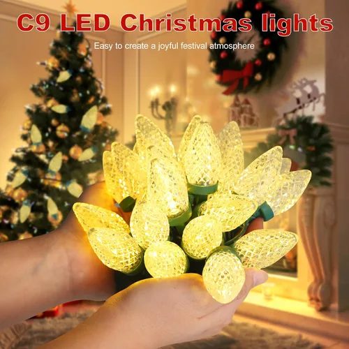 Vista 3 de Luces de Navidad C9 LED para exterior, 50 LED, 32 pies, luces de cadena C9 para Navidad, bombillas de fresa enchufables, conectables, certificadas