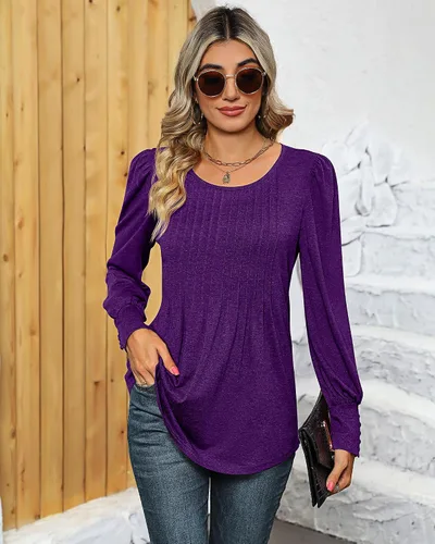 Vista 4 de Ficerd Blusa plisada de manga corta abombada para mujer, cuello redondo, elegante, casual, holgada, para primavera y verano