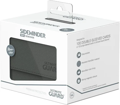Vista 7 de Ultimate Guard Sidewinder 100+, caja de cubierta para 100 tarjetas TCG de doble manga, gris, cierre magnético y forro interior de microfibra para un