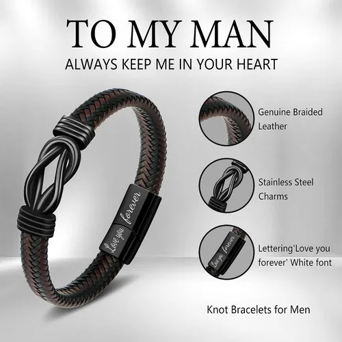 Vista 4 de Brown Braided Leather Stainless Steel Infinity Bracelets Lettering Love You Forever Gifts for Son Grandson Husband Boyfriend Brother Always Linked