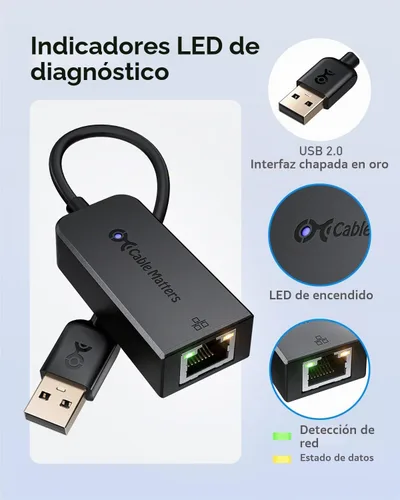 Vista 5 de Cable Matters Adaptador USB 2.0 a Ethernet, Plug & Play