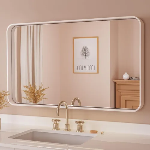 Vista 114 de Espejo de marco dorado cepillado de 16 x 24 pulgadas, espejo de tocador de baño de latón dorado para pared, espejo enmarcado rectangular de esquina