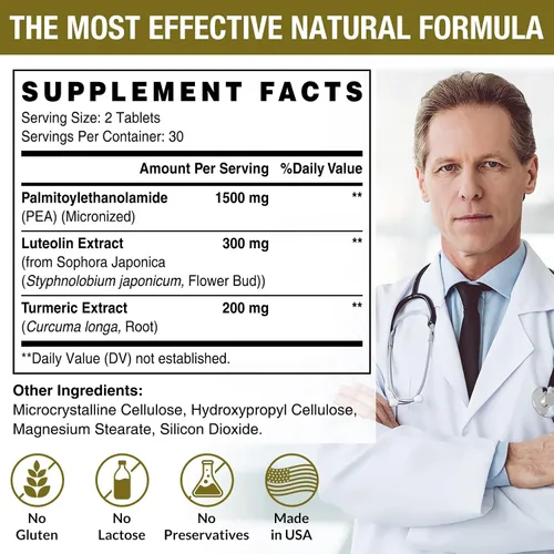 Vista 2 de Palmitoiletanolamida de 1500 mg con luteolina 98% y cúrcuma, alta absorción, suplemento de guisantes micronizados para el manejo de molestias