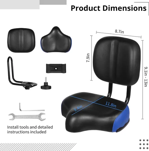 Vista 4 de Asiento de bicicleta con respaldo – Sillín de bicicleta de gran tamaño con soporte de espalda, asiento ancho acolchado de poliuretano