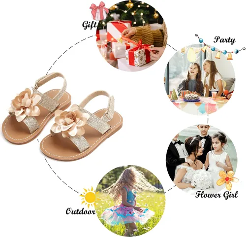 Vista 5 de Felix & Flora Sandalias para niña pequeña - Zapatos de vestir para niña de flores, puntera abierta, zapatos planos de verano para niños pequeños