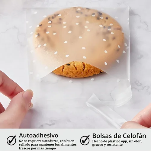 Vista 3 de Zezzxu 300 bolsas autoadhesivas para galletas, 4 x 4 pulgadas Patrón de lunares blancos, bolsas de celofán transparente para empaquetar galletas
