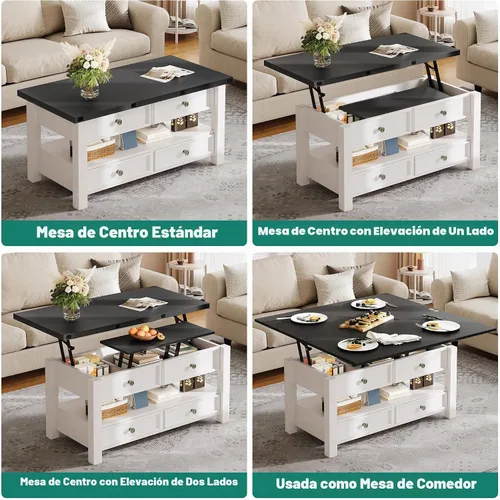 Vista 4 de YITAHOME - Mesa auxiliar convertible 4 en 1 con parte superior elevadora con cajones, parte superior negra Center Table with Multi-Functional
