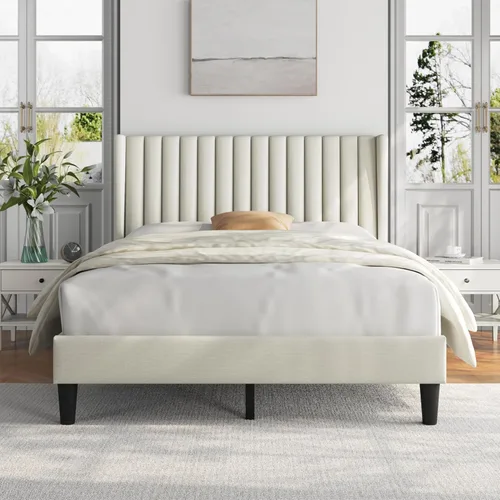 Vista 11 de Yaheetech Base de cama individual tapizada con cabecera de tela, diseño de borde de ala, antideslizante y sin ruido, soporte de listones de madera