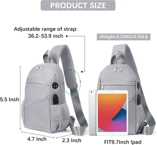 Vista 4 de BOSTANTEN Bolso bandolera para mujeres y hombres, bolso cruzado ligero para mujer, bolsa de hombro para viajes, senderismo, con puerto de carga USB