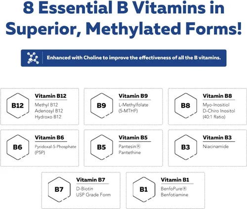 Vista 3 de BioActive Complejo de vitamina B, listo para el flujo sanguíneo, complejo B metilado, con metilfolato, 3 formas bioactivas de B12, BenfoPure® B1