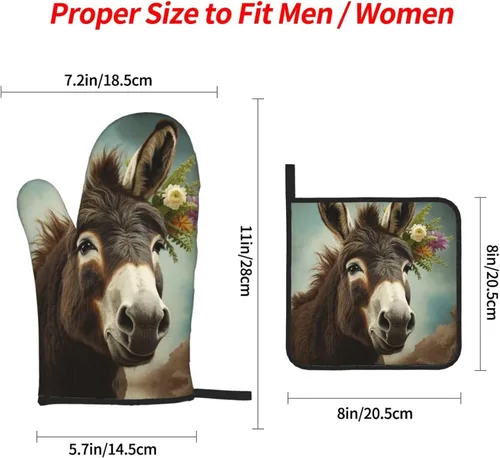 Vista 2 de Juego de 4 guantes de horno y soportes para ollas con estampado de animales burros, resistentes al calor, antideslizantes, guantes de horno