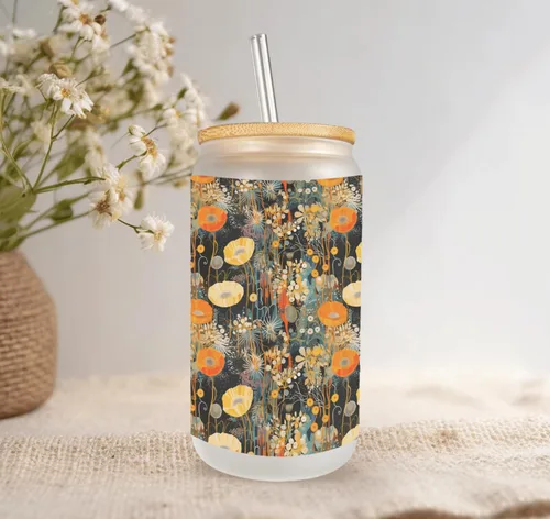 Vista 2 de Fall Nature Pattern Frosted Glass Can with Bamboo Lid & Straw 16 Oz Autumn Floral Glass Cup, Sublimated Gift Mugzan