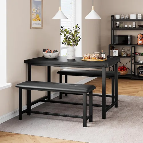 Vista 2 de CABIHOME Juego de mesa de comedor para 4, juego de mesa de cocina para 4 personas con bancos tapizados, juego de mesa de comedor rectangular