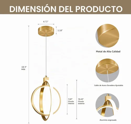 Vista 6 de Lámpara LED moderna con anillo dorado, lámpara colgante de 4000 K, regulable en altura ajustable, iluminación colgante para comedor, cocina, isla